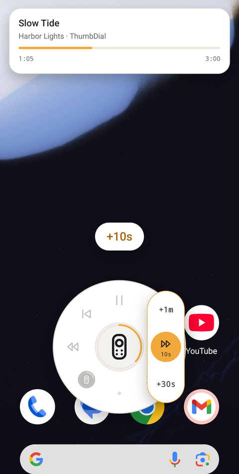 Floating dial open over the home screen, the fast-forward target highlighted with +1m, 10s and +30s options.