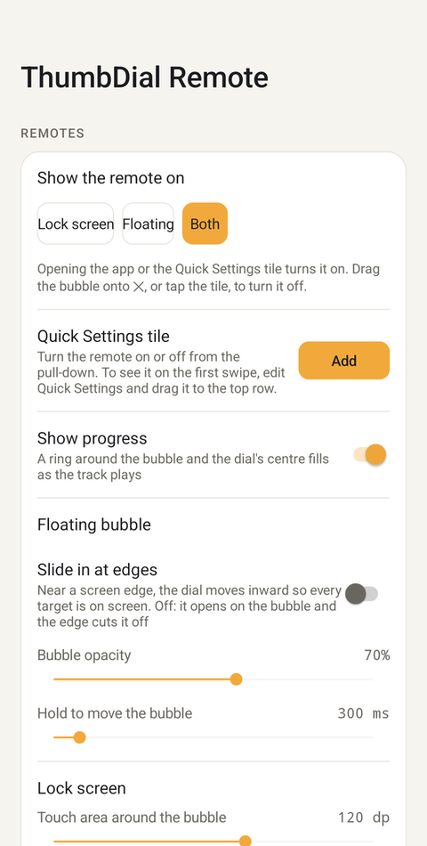 ThumbDial settings: where the remote shows, a Quick Settings tile, a progress ring and bubble options.